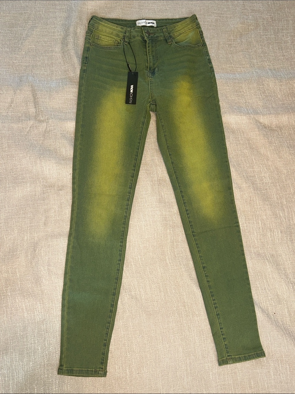 Fashion Nova Olive Green Skinny Jeans with Yellow Fade
